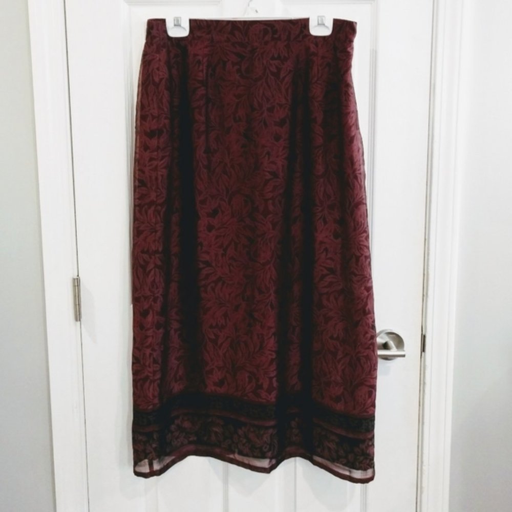Prophecy Sag Harbor Burgundy Leaves Print Flowing Lined Skirt Size 16